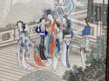 Chinese school, ink and color on silk: 'Two scenes with ladies near a river', 19th C.