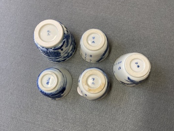 Five Chinese blue and white 'Bleu de Hue' cups for the Vietnamese market, 19th C.