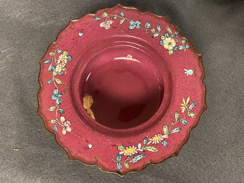 A Chinese ruby-ground Canton enamel teapot and a pair of covered bowls, Qianlong/Jiaqing