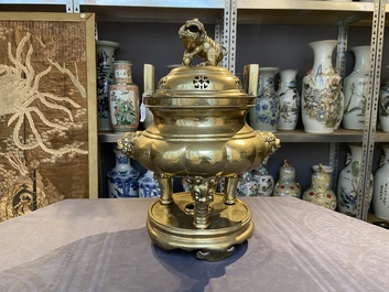 A large Chinese bronze censer and cover on stand, Xuande mark, 19th C.