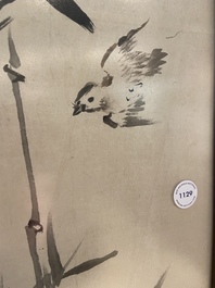 Mi Shan, inkt en kleur op papier: 'Vogels bij bamboe', gedat. april 1916