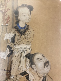 Jie San (20th C.), ink and color on paper: 'Zhonghan, Xin Chou and Meng Xia in front of a painting'