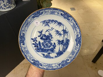 Eight Chinese blue and white dishes, a platter and three covered boxes, Yongzheng and later