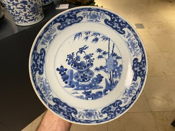 Eight Chinese blue and white dishes, a platter and three covered boxes, Yongzheng and later