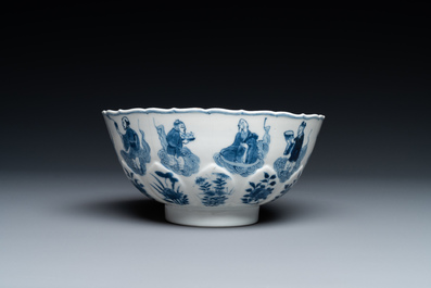 A Chinese blue and white lotus-shaped 'immortals' bowl, Chenghua mark, Kangxi
