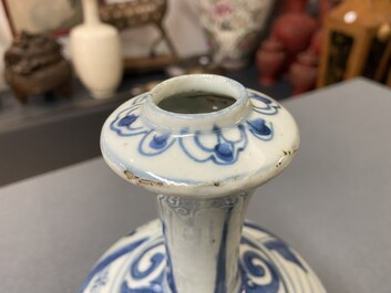 A pair of Chinese blue and white kendi depicting a figure in a landscape, Wanli