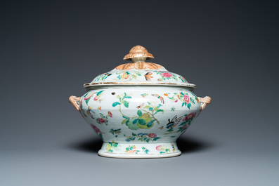 A Chinese Canton famille rose 'butterflies' tureen and cover on stand, 19th C.