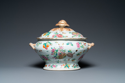 A Chinese Canton famille rose 'butterflies' tureen and cover on stand, 19th C.