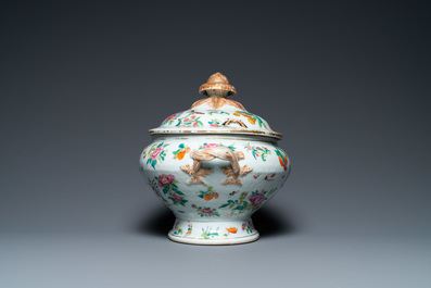 A Chinese Canton famille rose 'butterflies' tureen and cover on stand, 19th C.