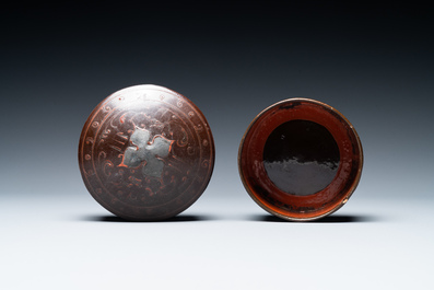 A Chinese round painted lacquered wooden box and cover, Han