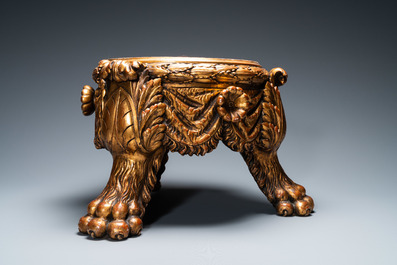 A Chinese yellow-ground famille verte 'dragons' fish bowl on gilded wooden stand, 19th C.