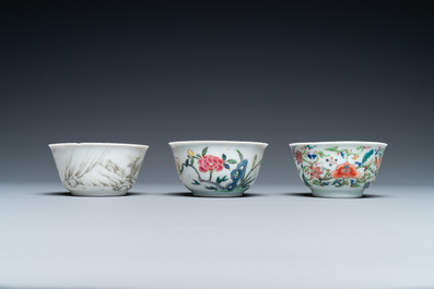 Five Chinese famille rose and grisaille saucers and three cups, Yongzheng