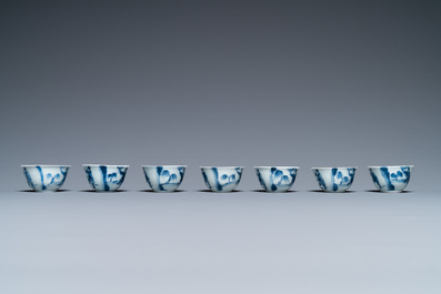 Seven Chinese blue and white cups and saucers, Kangxi