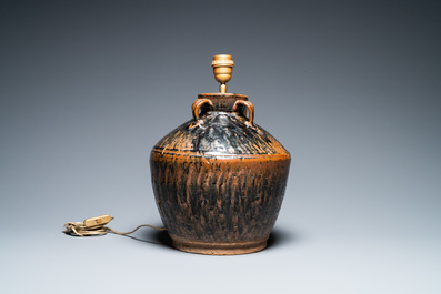 A Chinese brown-spotted black-glazed jar transformed into a lamp, Song