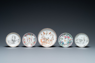 Five Chinese famille rose and grisaille saucers and three cups, Yongzheng