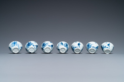 Seven Chinese blue and white cups and saucers, Kangxi