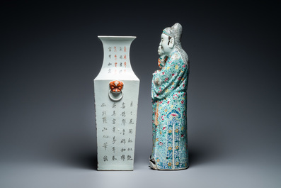 A square Chinese qianjiang cai vase and a 'star god' figure, 19/20th C.