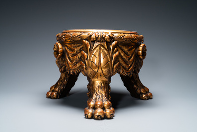 A Chinese yellow-ground famille verte 'dragons' fish bowl on gilded wooden stand, 19th C.