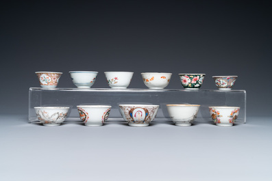 Une collection vari&eacute;e de tasses et soucoupes en porcelaine de Chine famille rose et grisaille et un bol &agrave; d&eacute;cor de coqs, Yongzheng/Qianlong