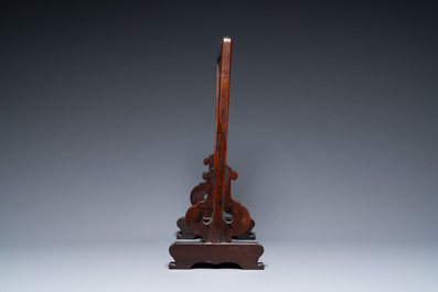 A Chinese square fahua plaque mounted in a wooden table screen, Ming