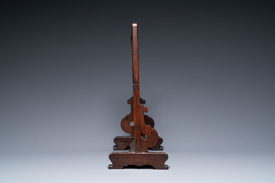 A Chinese square fahua plaque mounted in a wooden table screen, Ming