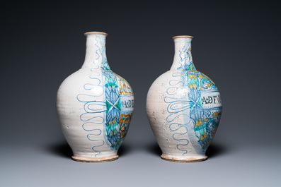 A pair of large polychrome Italian maiolica pharmacy bottles, Deruta, 17th C.