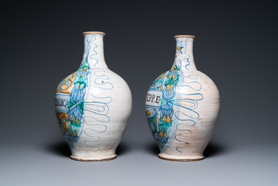 A pair of large polychrome Italian maiolica pharmacy bottles, Deruta, 17th C.