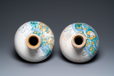 A pair of large polychrome Italian maiolica pharmacy bottles, Deruta, 17th C.