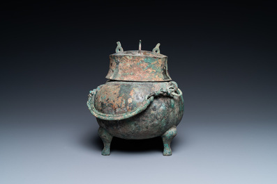 A Chinese bronze ritual tripod 'houlou' wine vessel and cover, western Han
