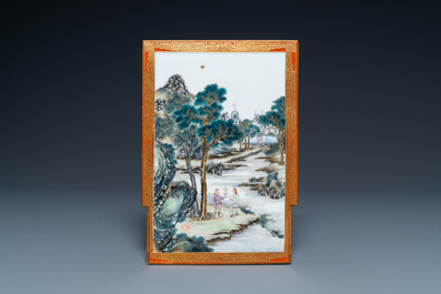 A Chinese famille rose table screen with a winter landscape and a scene with Europeans, various seals, Qianlong mark, 18/19th C.