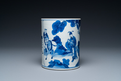 A Chinese blue and white 'bitong' brush pot with an official near his horse, Kangxi