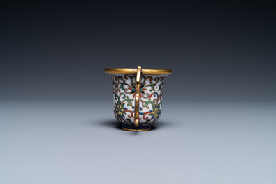 A Chinese cloisonn&eacute; two-handled 'lotus scroll' cup on stand, 18/19th C.