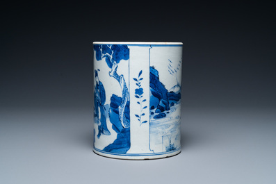 A Chinese blue and white 'bitong' brush pot with an official near his horse, Kangxi