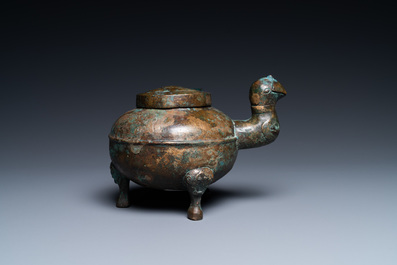 A Chinese gilt bronze tripod 'He' kettle with bird head-shaped spout, Han