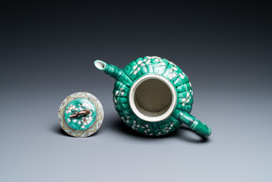 A Chinese ribbed verte biscuit teapot and cover, Kangxi