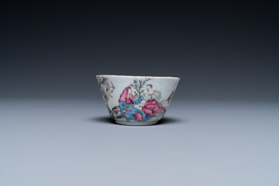 A fine Chinese famille rose 'romantic subject' cup and saucer, Qianlong