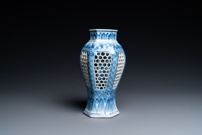 A Chinese reticulated double-walled blue and white vase, Kangxi