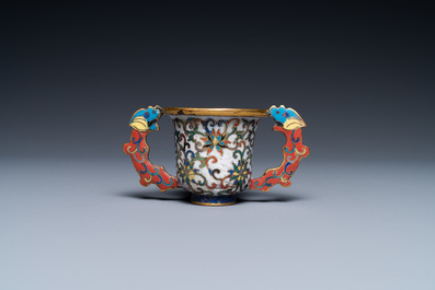 A Chinese cloisonn&eacute; two-handled 'lotus scroll' cup on stand, 18/19th C.