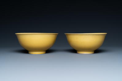 A pair of Chinese monochrome yellow bowls, Yongzheng mark, 19th C.