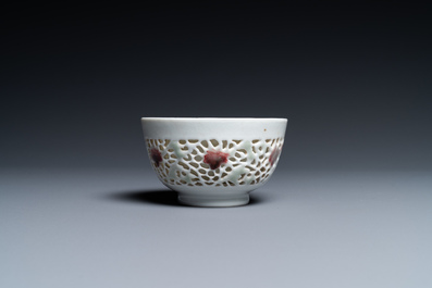 A Chinese reticulated double-walled cup with copper-red and celadon spots, Yongzheng