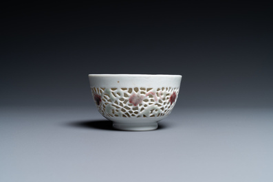 A Chinese reticulated double-walled cup with copper-red and celadon spots, Yongzheng