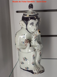 A rare Brussels faience monkey-shaped ewer and cover, 18th C.