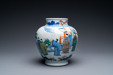 A Chinese globular wucai vase with narrative design, 19/20th C.