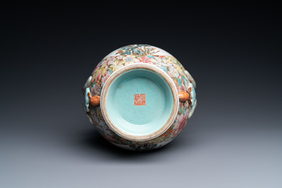 A Chinese famille rose millefleurs 'hu' vase, Qianlong mark, Republic