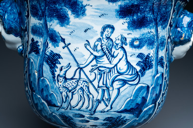 A large Dutch Delft blue and white 'Venus and Adonis' jardini&egrave;re, 1st half 18th C.