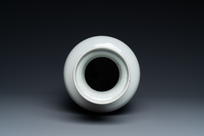 A Chinese blue and white rouleau vase with figures in a mountainous landscape, Kangxi