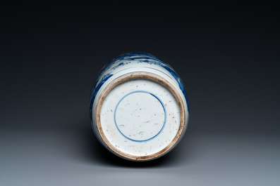 A Chinese blue and white rouleau vase with figures in a mountainous landscape, Kangxi