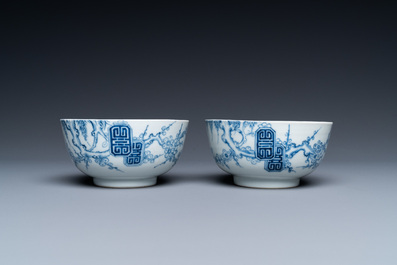 Een paar Chinese 'Bleu de Hue' kommen met dubbel Tho-decor, 'Roushen collectie' merk, 19e eeuw