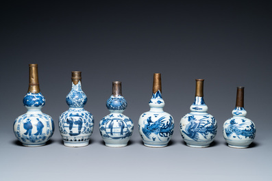 Six Chinese blue and white metal-mounted double gourd vases, Transitional period and later