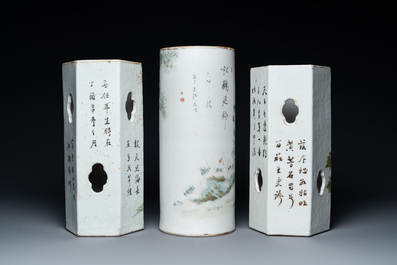 Three Chinese qianjiang cai hat stands, the left one signed Jiang Chaozong and dated 1897